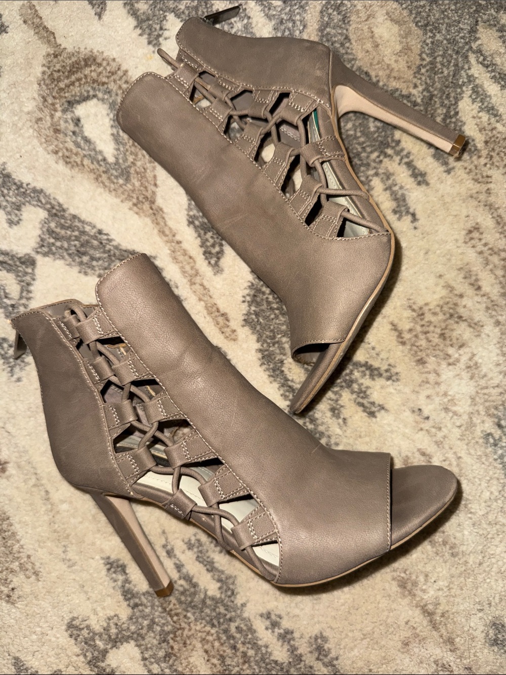 BCBG Taupe Lace-Up Peep-Toe High Heel Booties -7